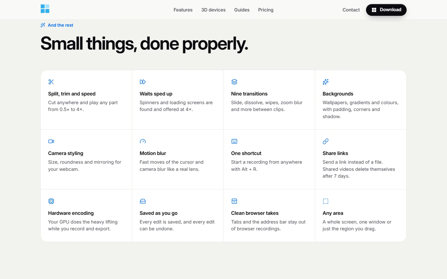 Skjermbilde av screenrecordwindows.com: Redigeringsverktøyene i ScreenRecordWindows.com: klipp og del, endre hastighet, overganger, bakgrunner, kamerastil og delbare lenker.