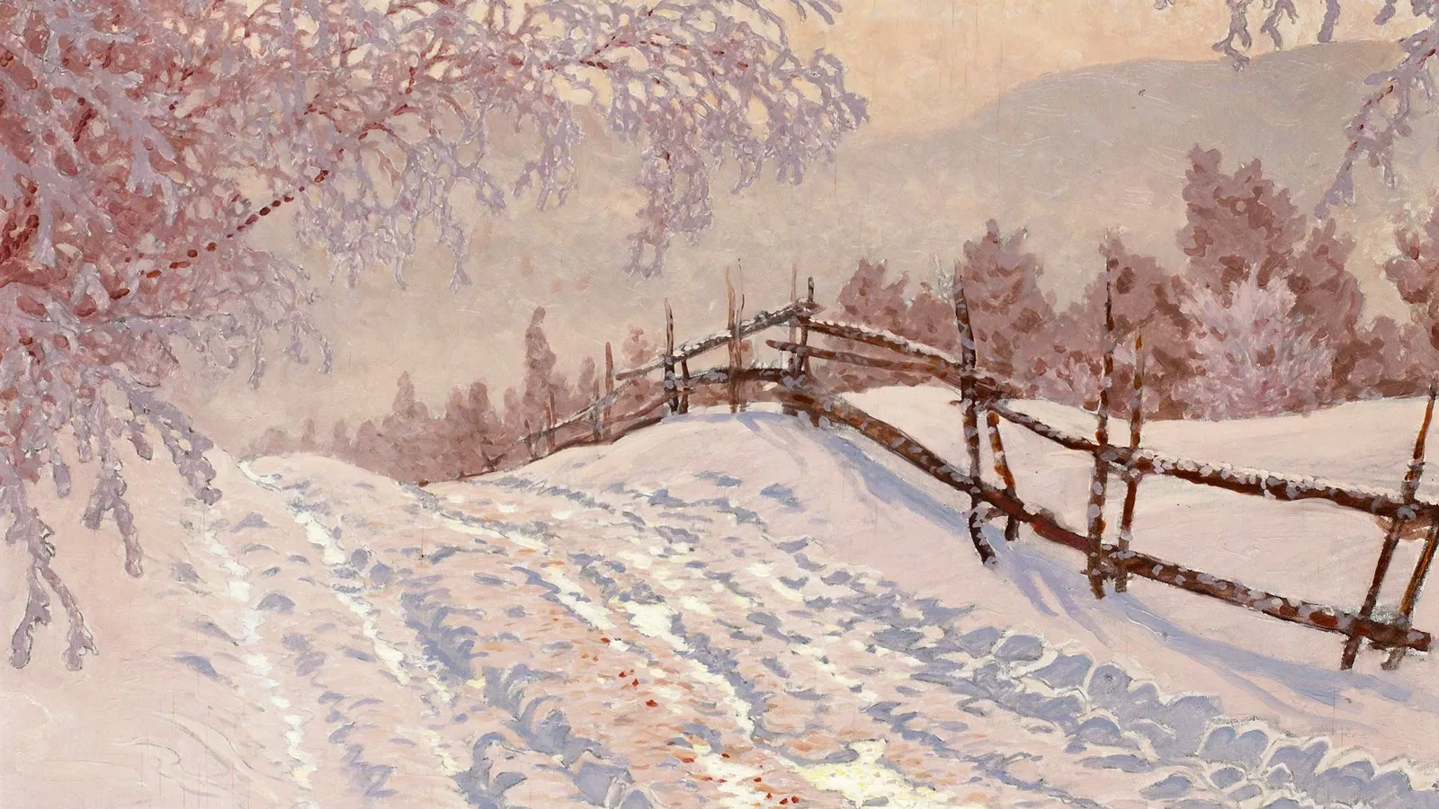 Snødekt vei om vinteren, maleri av Gustaf Fjæstad