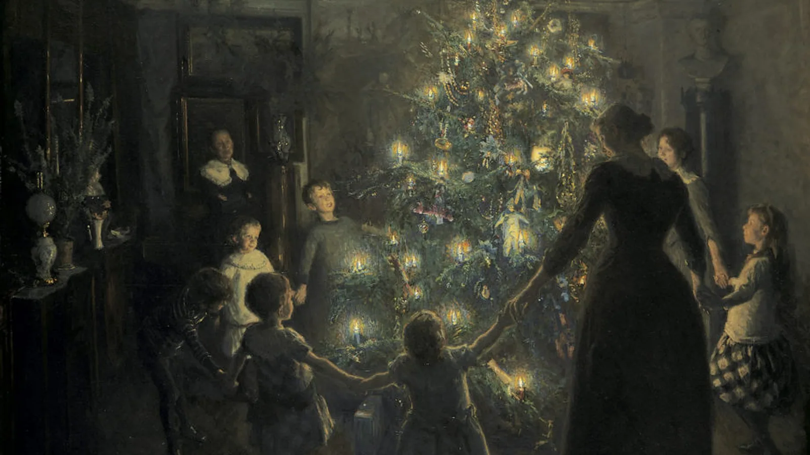Familie som går rundt juletreet, maleri av Viggo Johansen